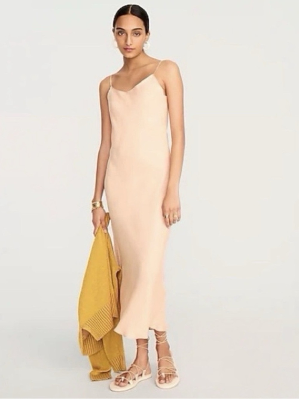 J.Crew Peach Slip Midi Dress Cupro Blend Satin Feel Spaghetti Strap 25276